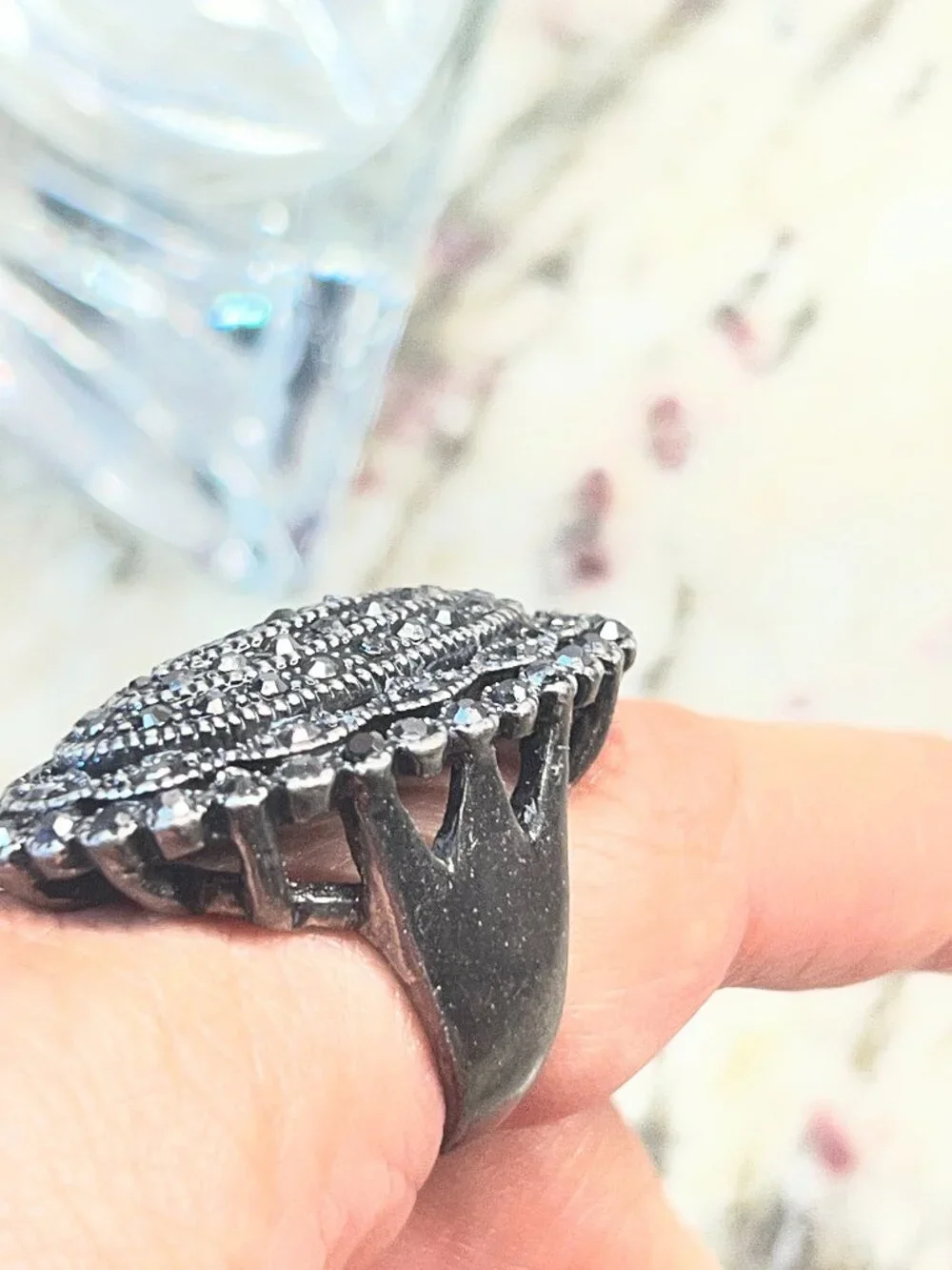 Vintage Marcasite Style Statement Cocktail Ring - Oxidized Black Oval SIZE 6.5/7